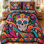 Sugar Skull Mosaic quilted 3-piece bedding set on a made bed against a dark styled interior