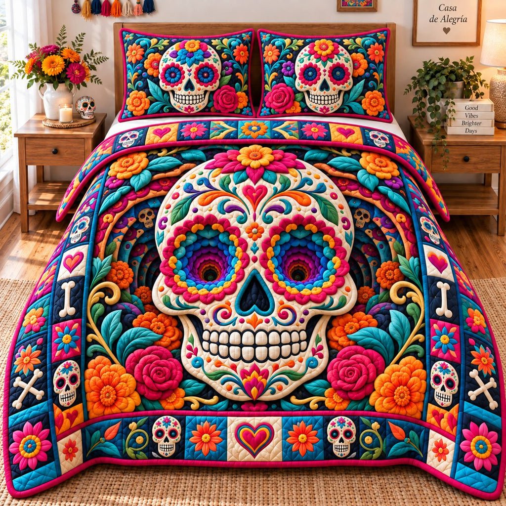 Sugar Skull Spirit quilted 3-piece bedding set on a made bed against a dark styled interior