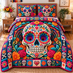 Sugar Skull Spirit quilted 3-piece bedding set on a made bed against a dark styled interior