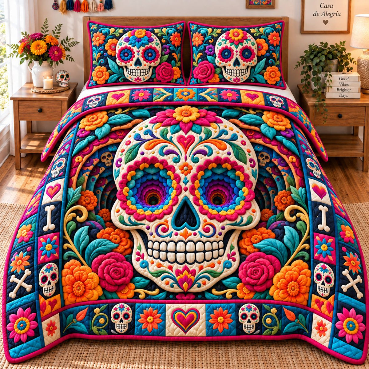 Sugar Skull Spirit quilted 3-piece bedding set on a made bed against a dark styled interior