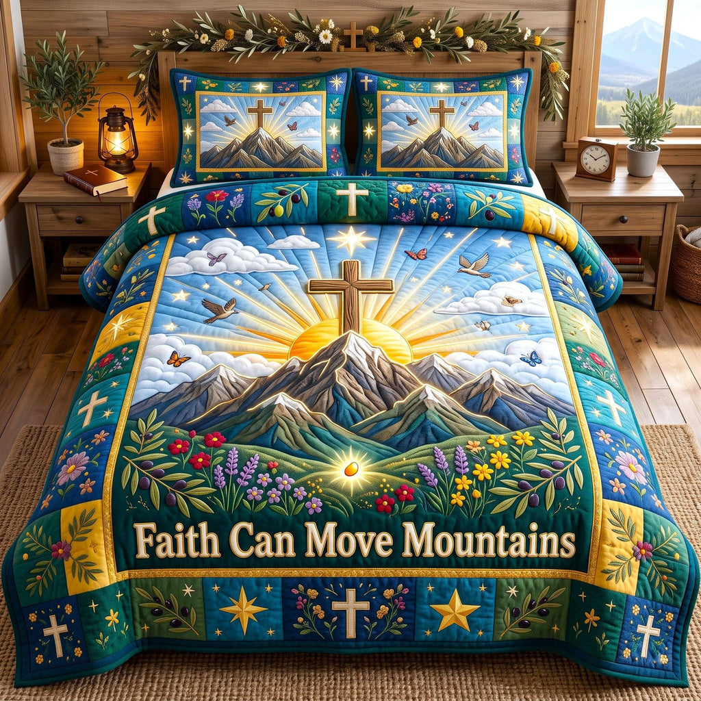 Summit Cross Faith Can Move Mountains quilted 3-piece bedding set on a made bed in a softly lit bedroom