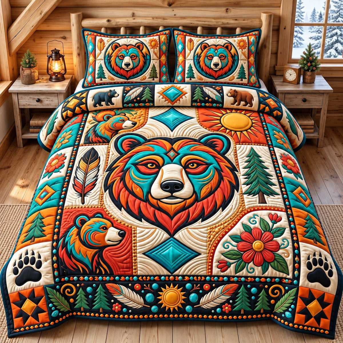 Sun And Pines Native Bear quilted 3-piece bedding set on a made bed with two matching pillow shams