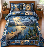 Sun Rays quilted 3-piece bedding set on a made bed with two matching pillow shams