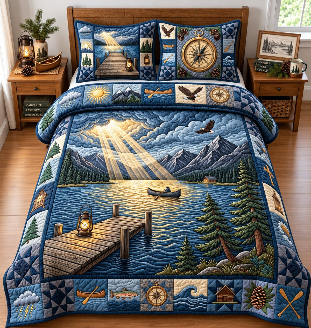 Sun Rays quilted 3-piece bedding set on a made bed with two matching pillow shams