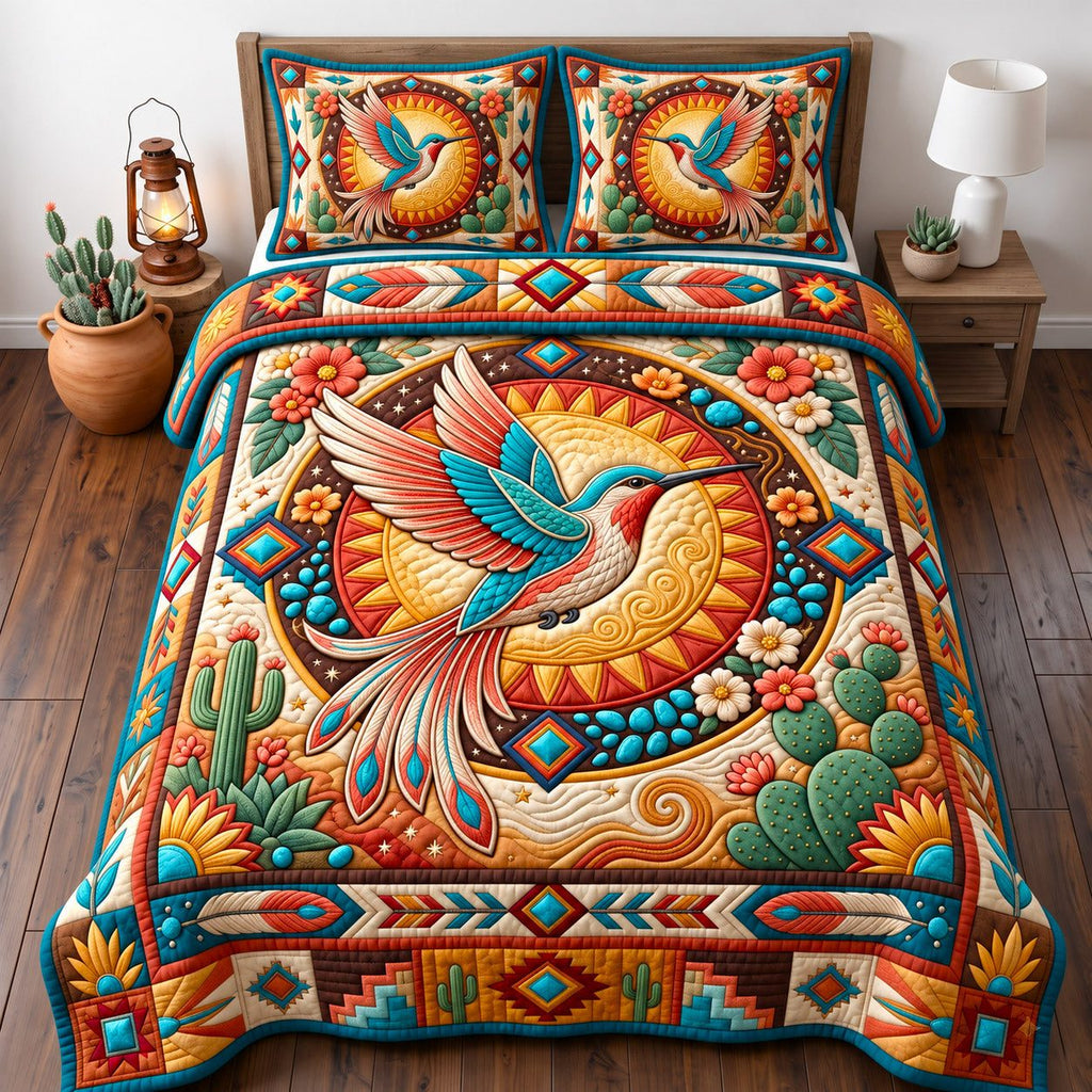 Sunburst Hummingbird Sacred Bird quilted 3-piece bedding set on a made bed in a softly lit bedroom