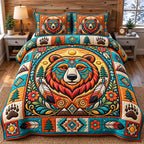 Sunburst Native Bear quilted 3-piece bedding set on a made bed with two matching pillow shams