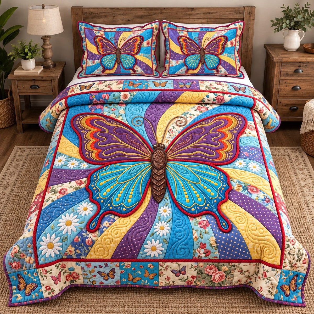 Sunburst Rainbow Patchwork Butterfly quilted 3-piece bedding set on a made bed in a farmhouse bedroom