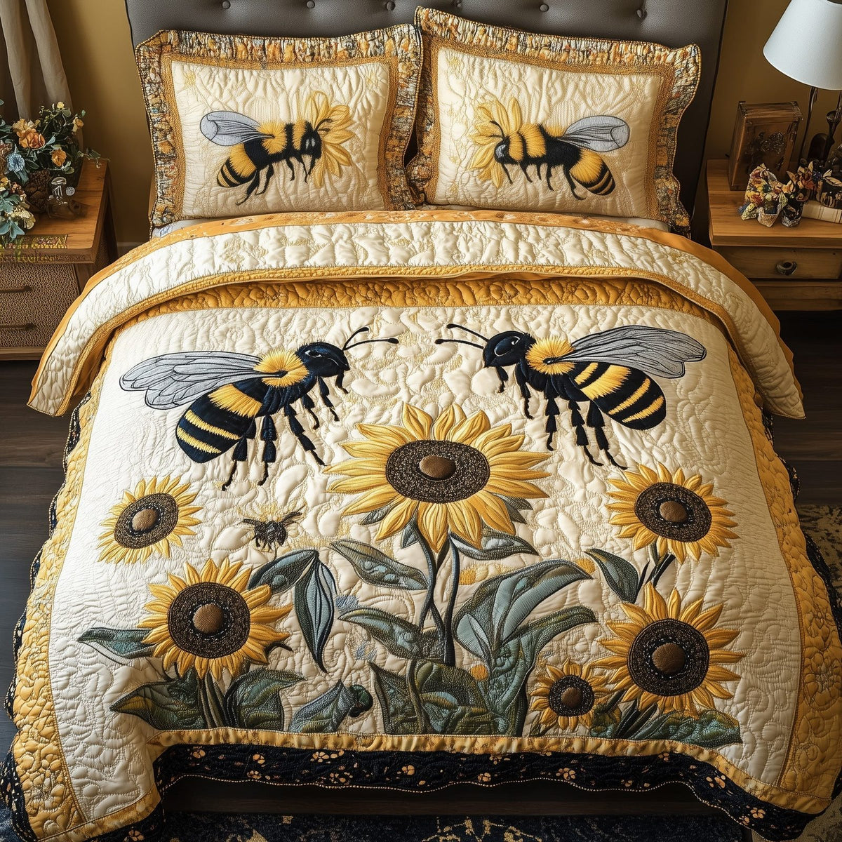 Sunflower Bee Pair quilted 3-piece bedding set on a made bed with two matching pillow shams
