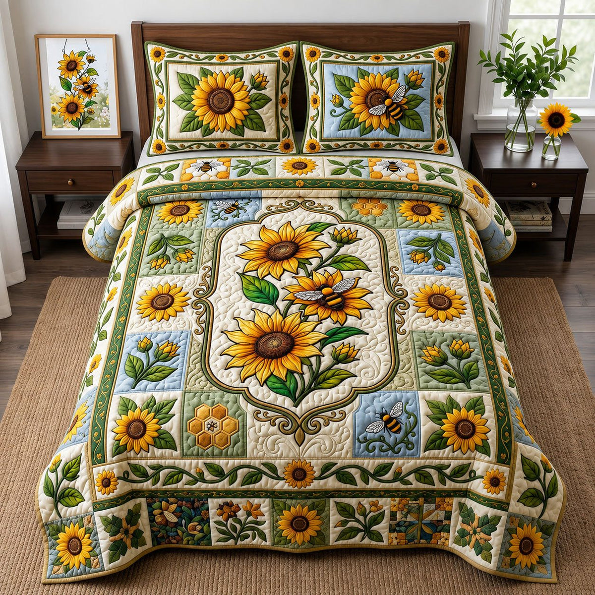 Sunflower Bee quilted 3-piece bedding set on a made bed with two matching pillow shams