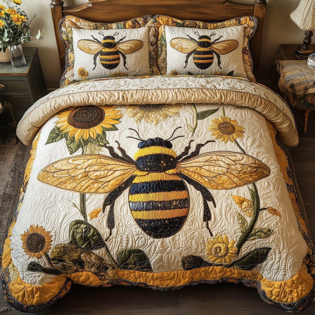 Sunflower Bee Wings quilted 3-piece bedding set on a made bed with two matching pillow shams