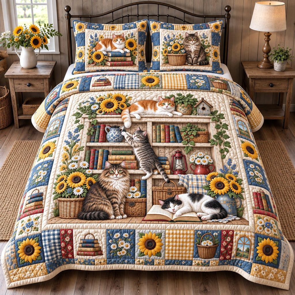 Sunflower Bookshelf Cats quilted 3-piece bedding set on a made bed with two matching pillow shams
