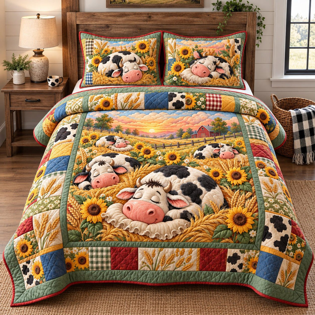 Sunflower Cow Dreams quilted 3-piece bedding set on a made bed with two matching pillow shams