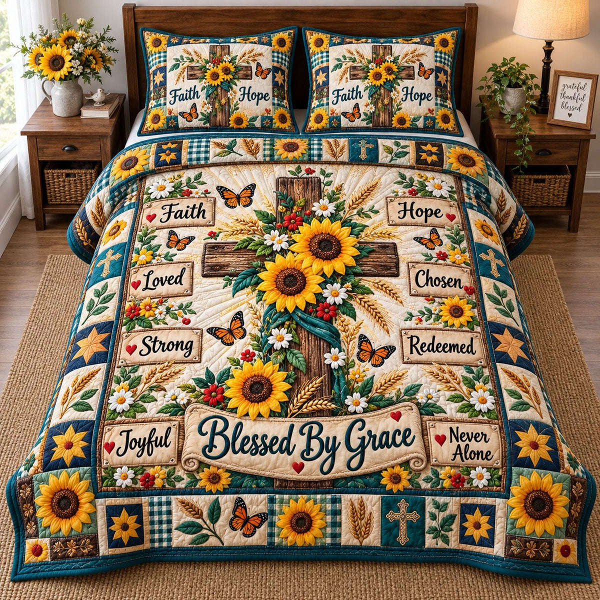 Sunflower Cross Blessed By Grace quilted 3-piece bedding set on a made bed in a softly lit bedroom