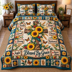 Sunflower Cross Blessed By Grace quilted 3-piece bedding set on a made bed in a softly lit bedroom