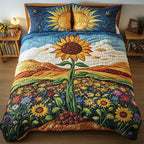Sunflower Deity Blue quilted 3-piece bedding set on a made bed with two matching pillow shams