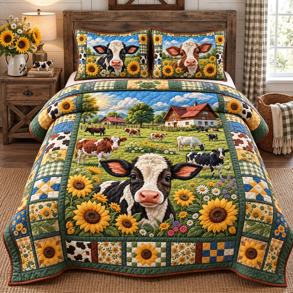 Sunflower Farm Cow quilted 3-piece bedding set on a made bed with two matching pillow shams