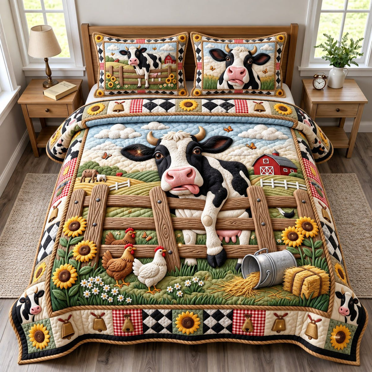 Sunflower Fence Farm Cow quilted 3-piece bedding set on a made bed with two matching pillow shams