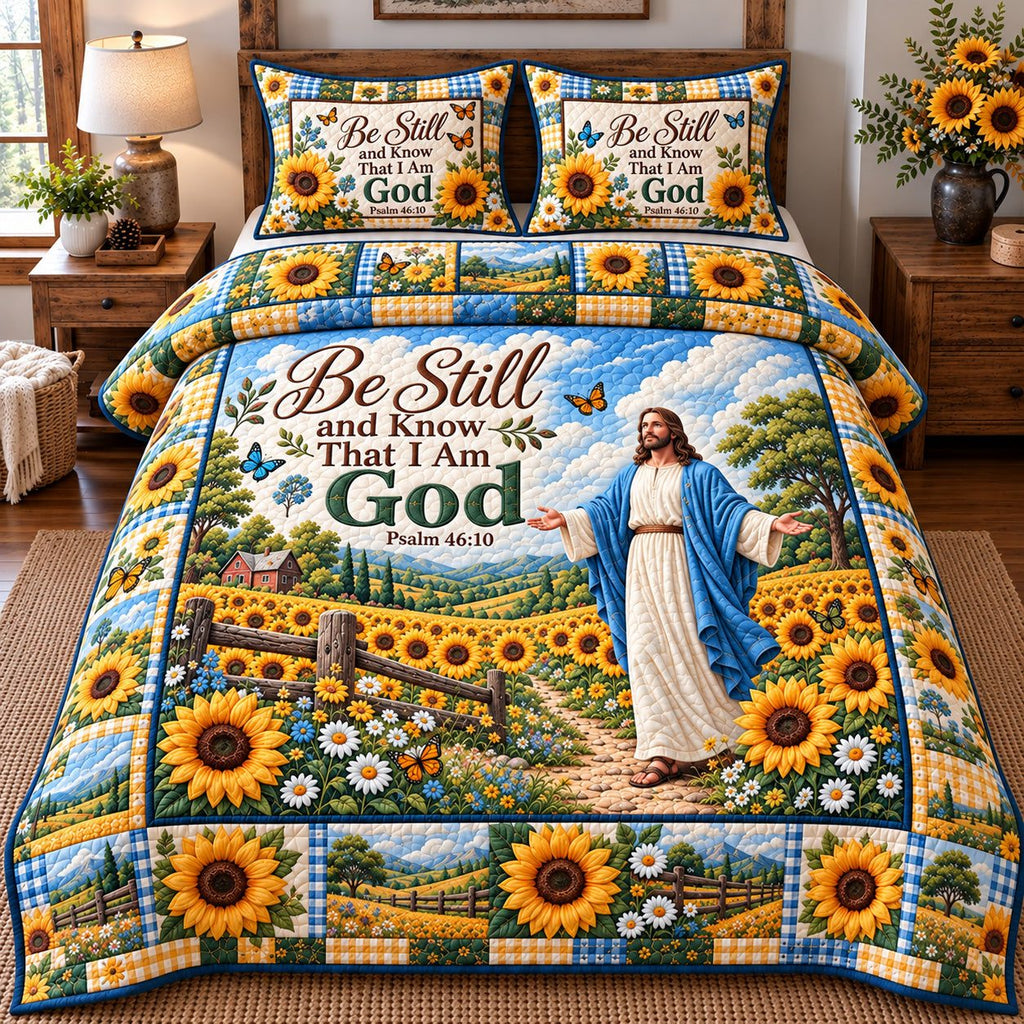 Sunflower Field Be Still And Know God quilted 3-piece bedding set on a made bed in a softly lit bedroom