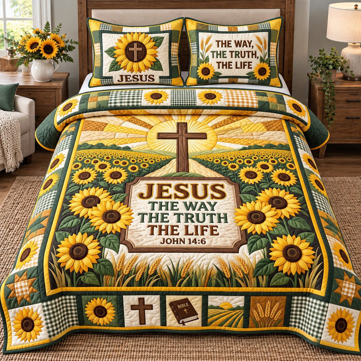 Sunflower Field Jesus Way Truth Life quilted 3-piece bedding set on a made bed in a softly lit bedroom