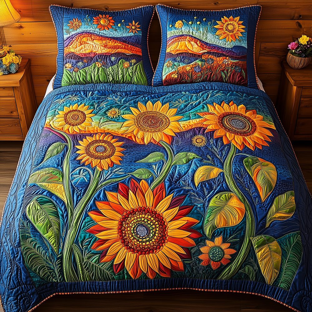Sunflower Field Sun quilted 3-piece bedding set on a made bed with two matching pillow shams
