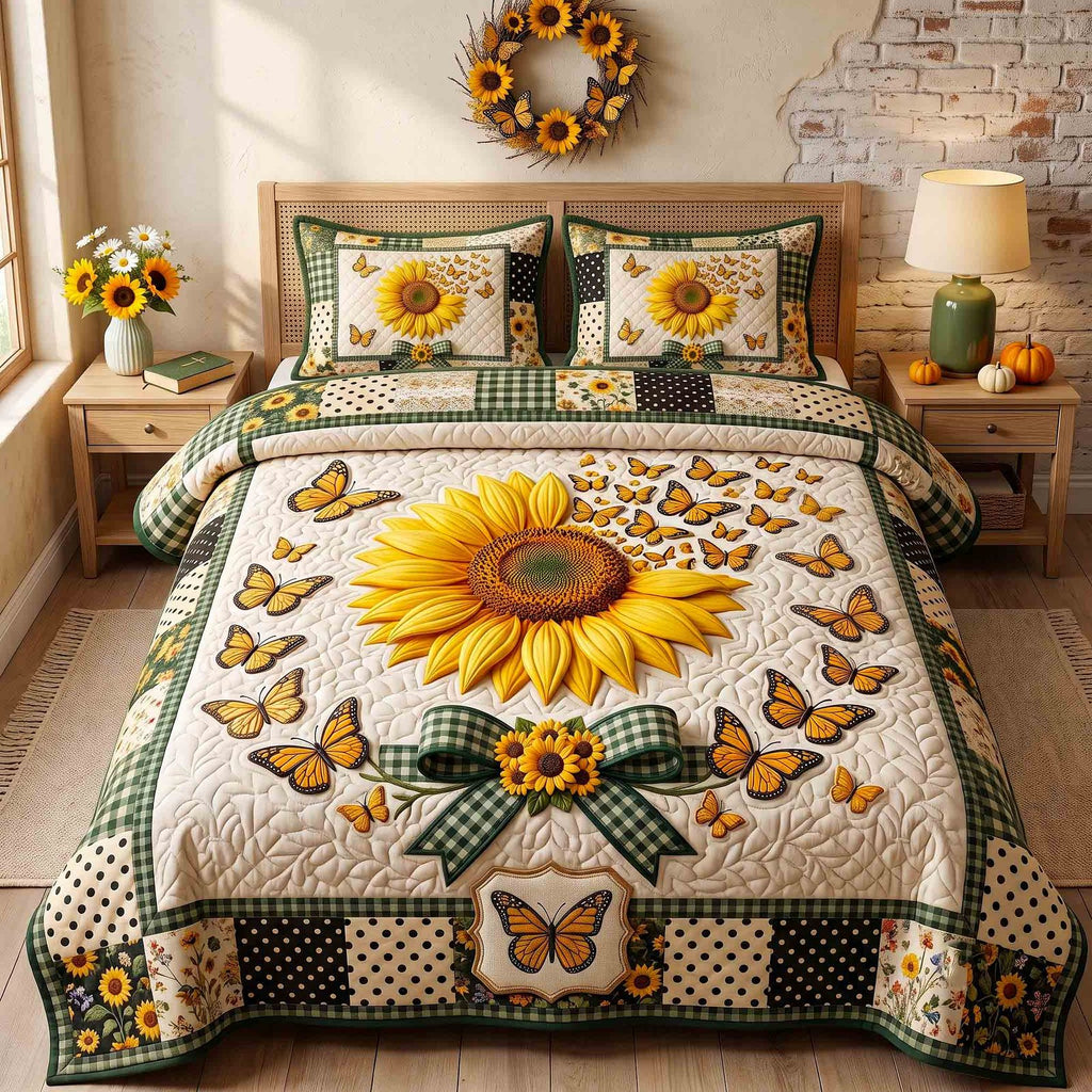 Sunflower Flutter quilted 3-piece bedding set on a made bed with two matching pillow shams