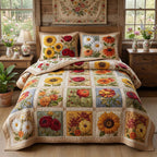 Sunflower Garden quilted 3-piece bedding set on a made bed with two matching pillow shams