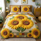 Sunflower Glow Cream quilted 3-piece bedding set on a made bed with two matching pillow shams