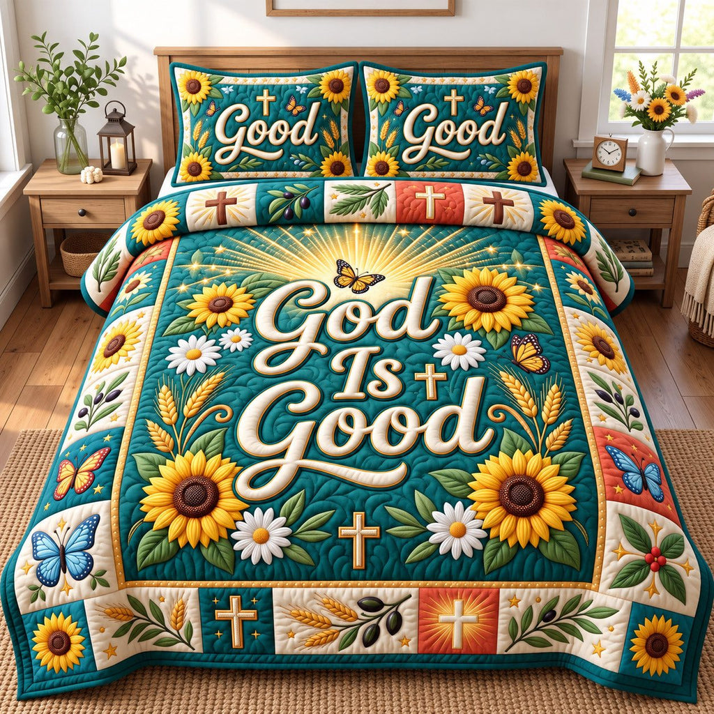 Sunflower God Is Good quilted 3-piece bedding set on a made bed in a softly lit bedroom