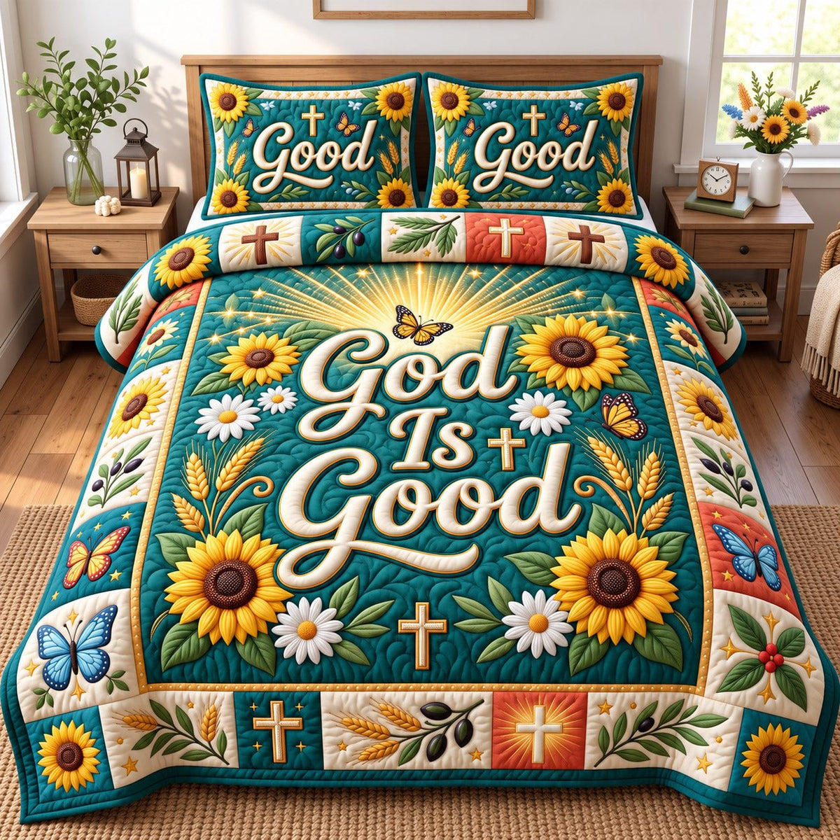 Sunflower God Is Good quilted 3-piece bedding set on a made bed in a softly lit bedroom