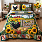 Sunflower Hen Meadow quilted 3-piece bedding set on a made bed with two matching pillow shams