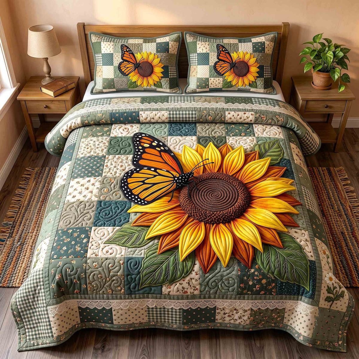 Sunflower Monarch quilted 3-piece bedding set on a made bed with two matching pillow shams