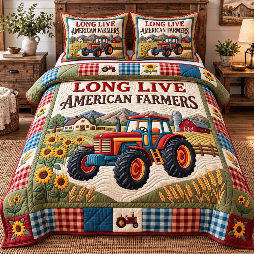 Sunflower Red Tractor American Farmers quilted 3-piece bedding set on a made bed in a warmly lit bedroom