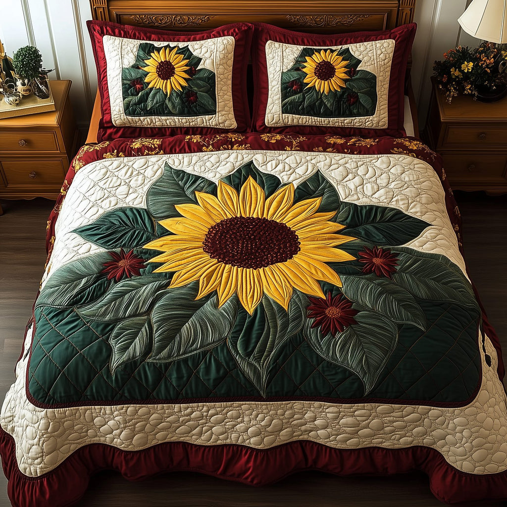 Sunflower Red Trim quilted 3-piece bedding set on a made bed with two matching pillow shams