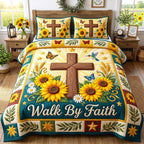 Sunflower Walk By Faith Cross quilted 3-piece bedding set on a made bed in a softly lit bedroom