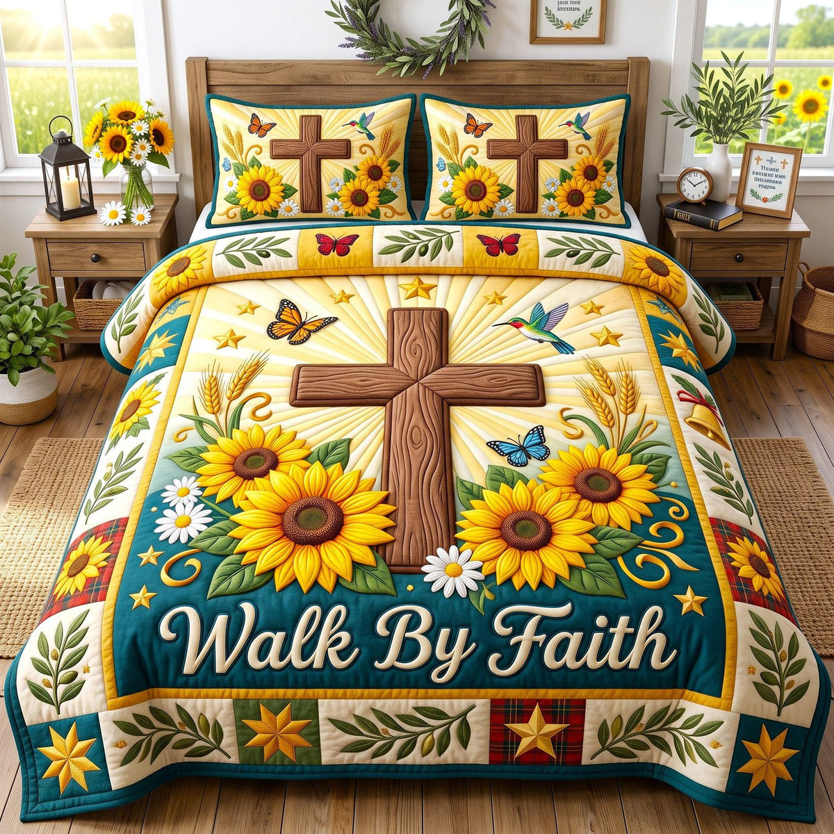 Sunflower Walk By Faith Cross quilted 3-piece bedding set on a made bed in a softly lit bedroom