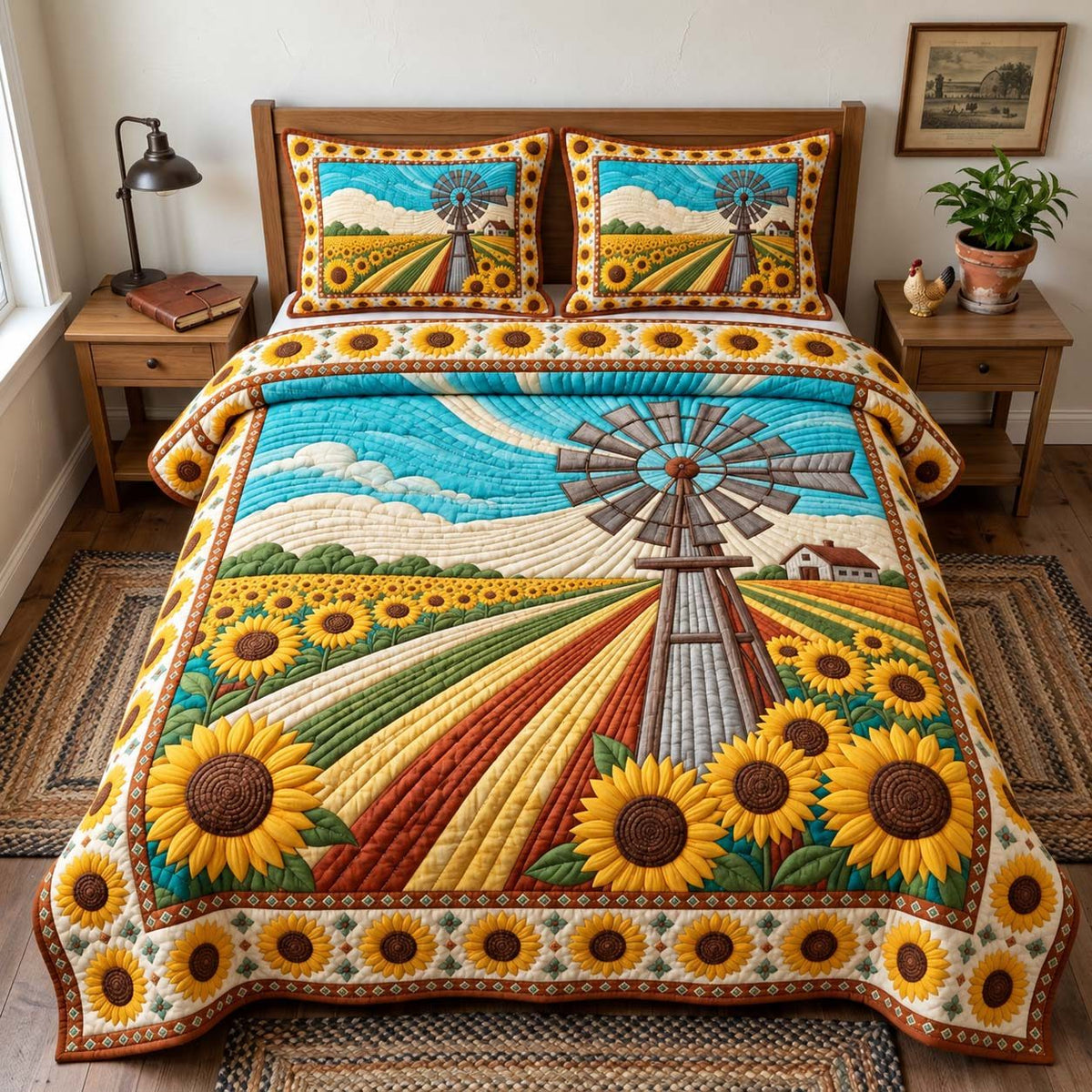 Sunflower Windmill quilted 3-piece bedding set on a made bed with two matching pillow shams