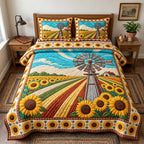 Sunflower Windmill quilted 3-piece bedding set on a made bed with two matching pillow shams