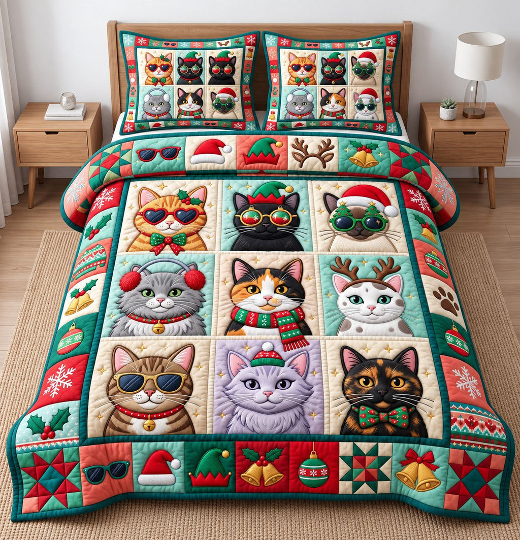 Sunglasses Cat Squares quilted 3-piece bedding set on a made bed with two matching pillow shams