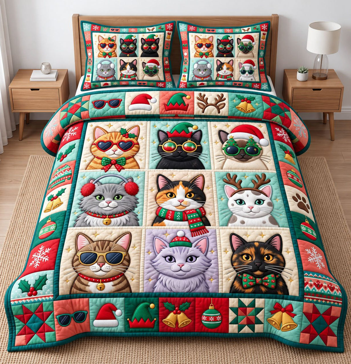 Sunglasses Cat Squares quilted 3-piece bedding set on a made bed with two matching pillow shams
