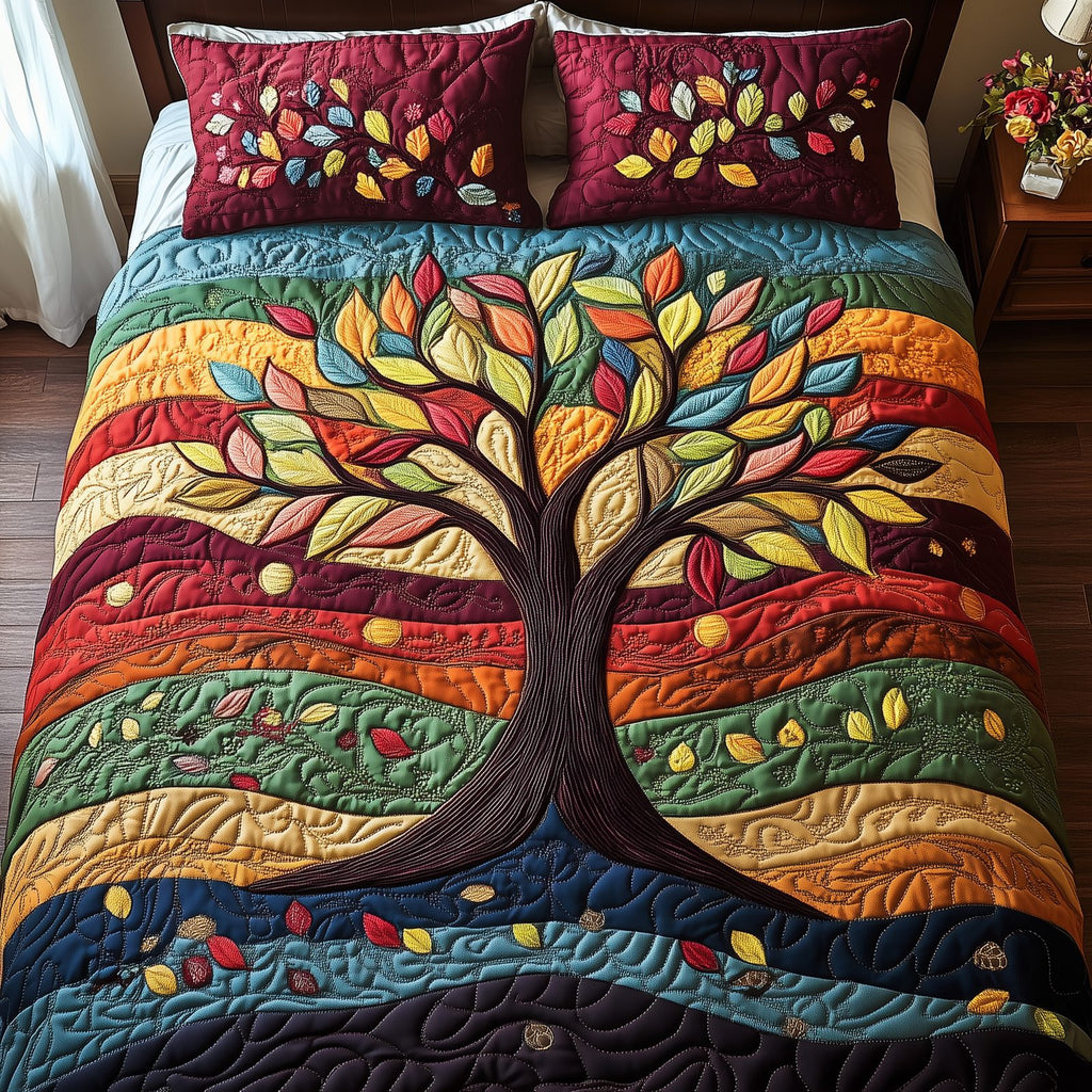 Sunlit Tree Of Life Bright quilted 3-piece bedding set on a made bed with two matching pillow shams