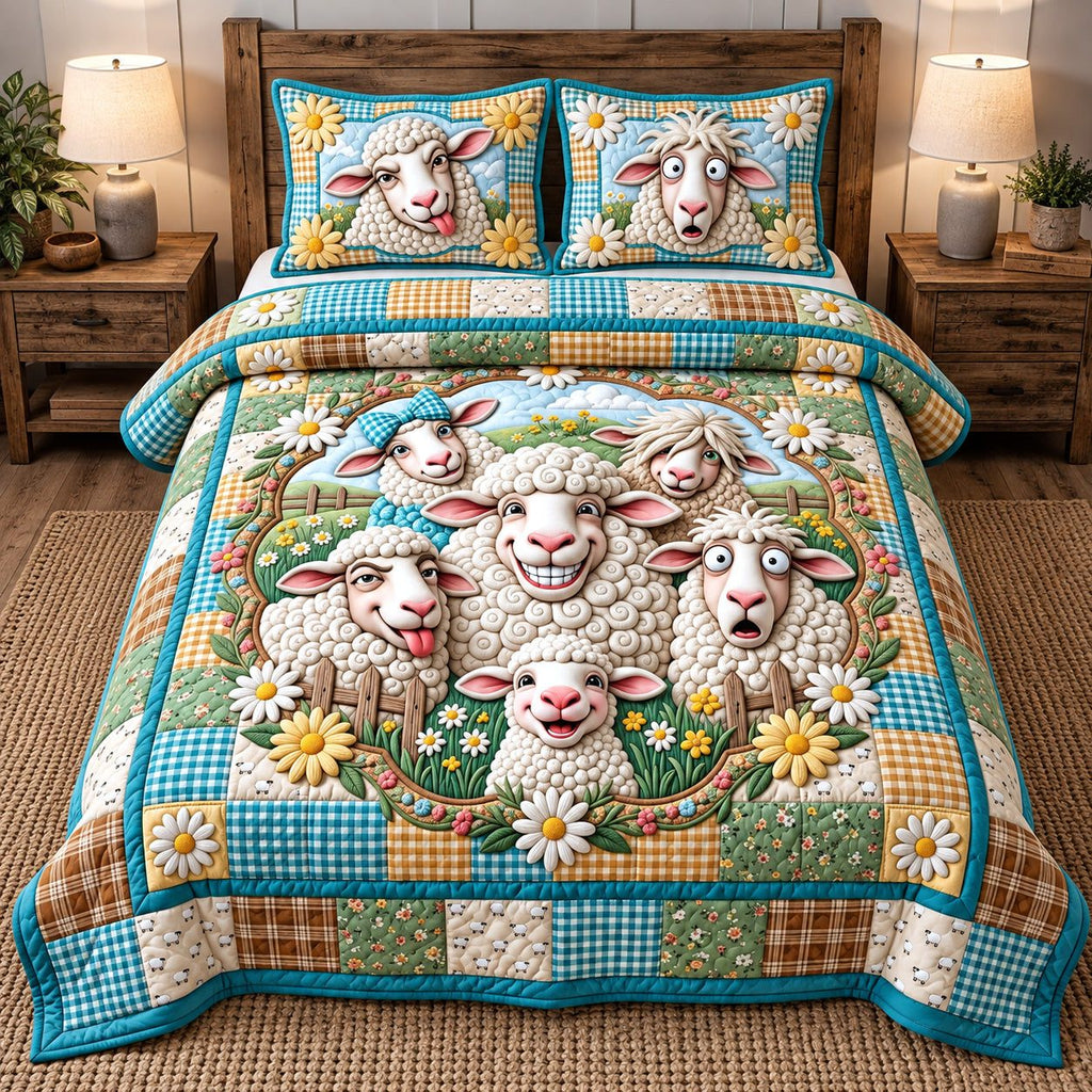 Sunny Daisy Smiles quilted 3-piece bedding set on a made bed with two matching pillow shams