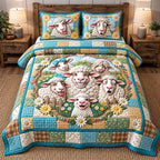 Sunny Daisy Smiles quilted 3-piece bedding set on a made bed with two matching pillow shams