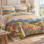 Sunny Meadow Valley quilted 3-piece bedding set on a made bed with two matching pillow shams