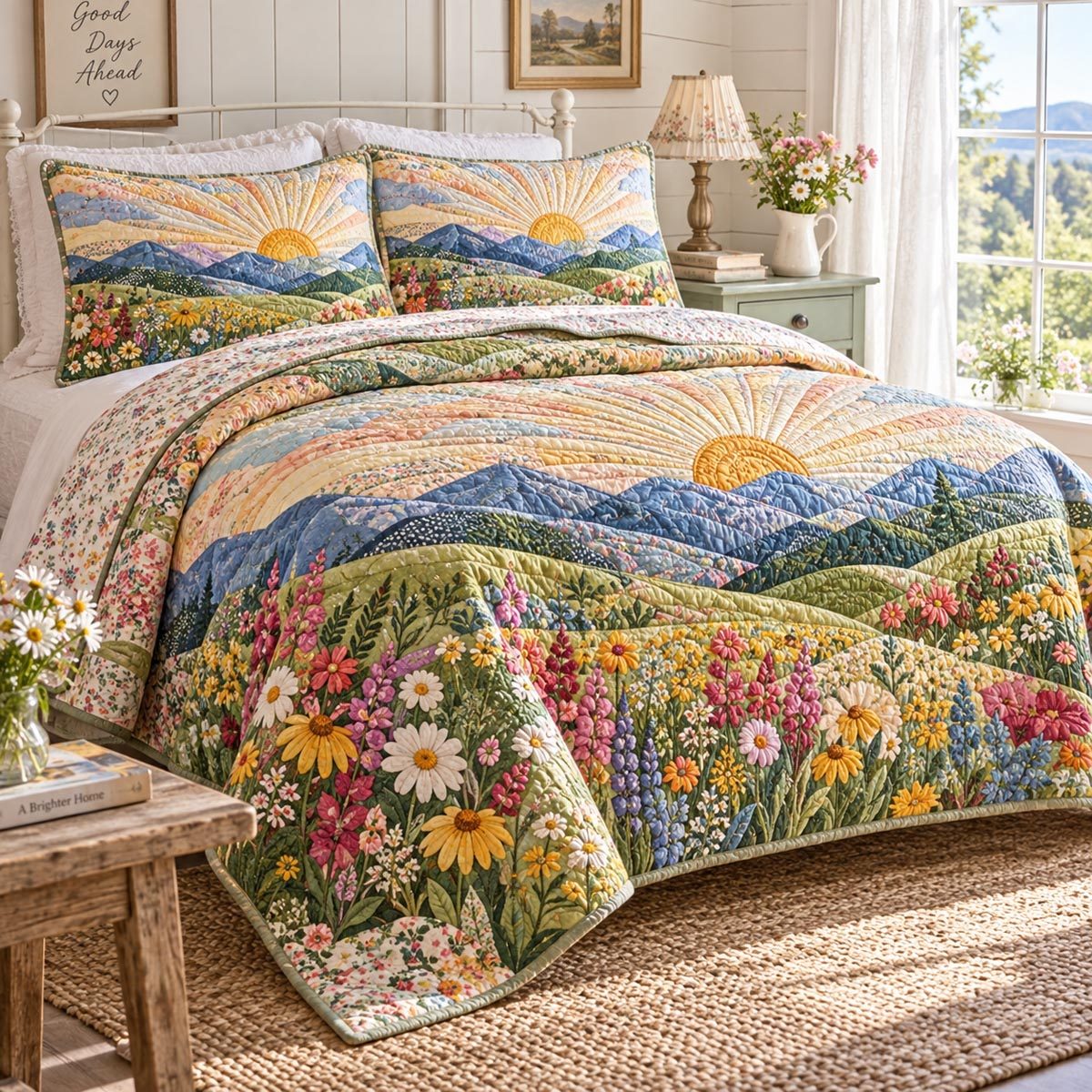 Sunny Meadow Valley quilted 3-piece bedding set on a made bed with two matching pillow shams