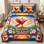 Sunrise Cardinal Because He Lives quilted 3-piece bedding set on a made bed with two matching pillow shams