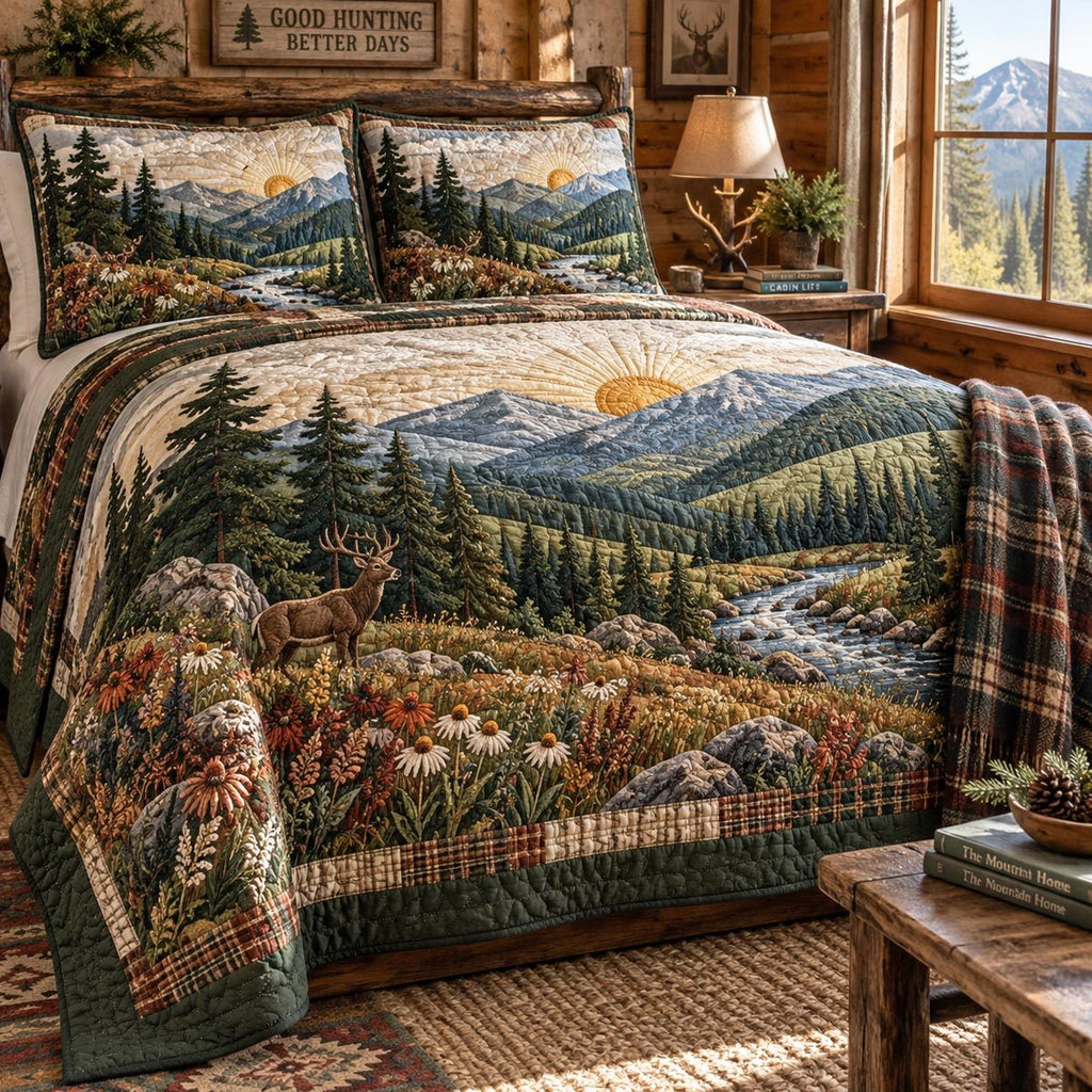 Sunrise Elk Meadow quilted 3-piece bedding set on a made bed with two matching pillow shams