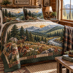 Sunrise Elk Meadow quilted 3-piece bedding set on a made bed with two matching pillow shams