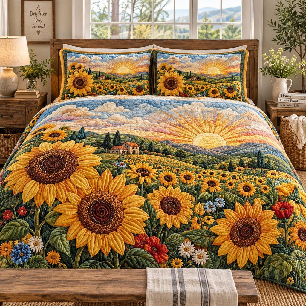 Sunrise Sunflower Valley quilted 3-piece bedding set on a made bed with two matching pillow shams
