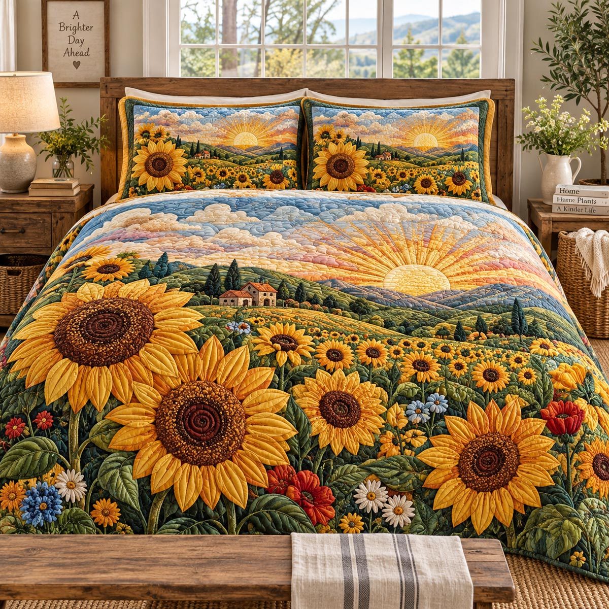 Sunrise Sunflower Valley quilted 3-piece bedding set on a made bed with two matching pillow shams