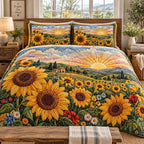 Sunrise Sunflower Valley quilted 3-piece bedding set on a made bed with two matching pillow shams